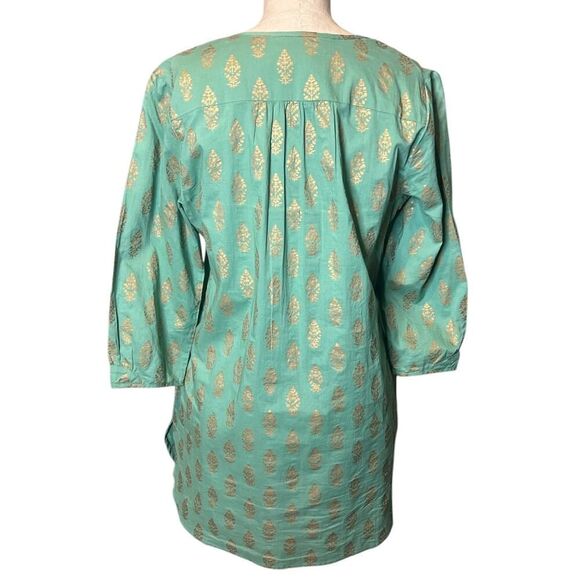 April Cornell Tunic Blouse Small Sea Moss Green Gold Metallic Resort - Picture 3 of 5
